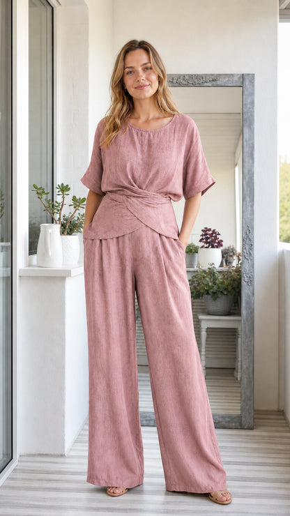 Model wearing dusty rose two-piece short sleeve twist top and wide leg pants set
