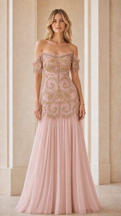 Front view of pink evening gown with gold beading