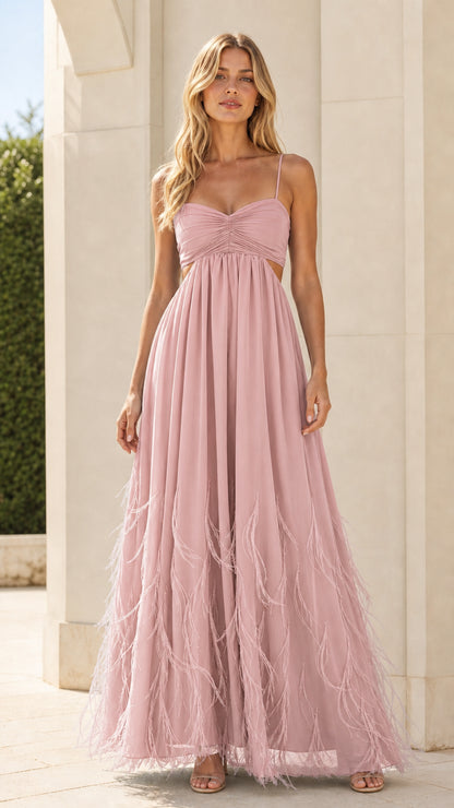Model wearing pink variant of the feather trim maxi dress