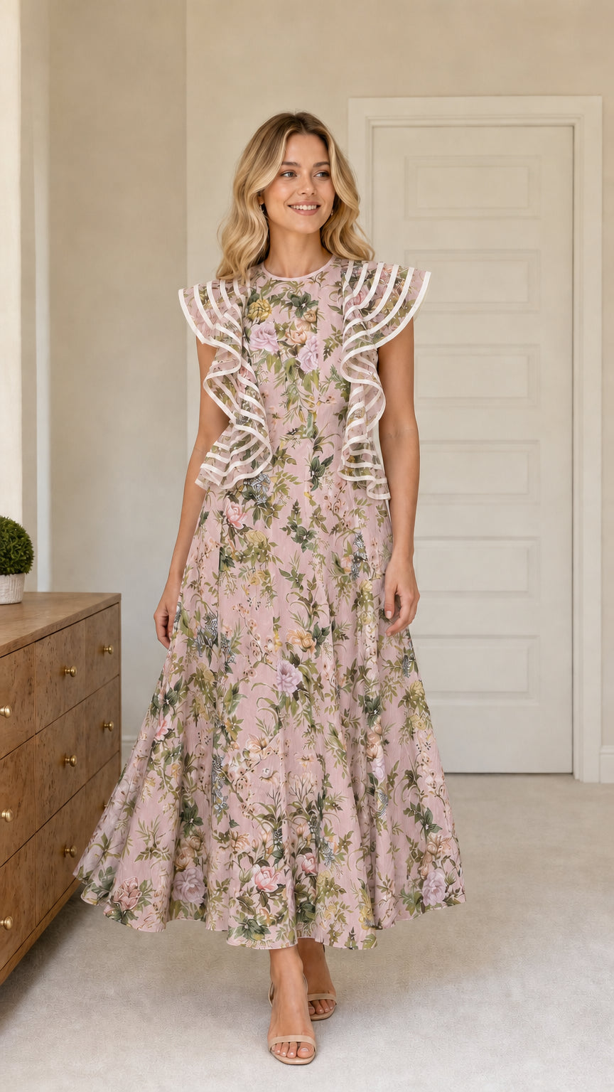 Model wearing pink floral ruffle maxi dress