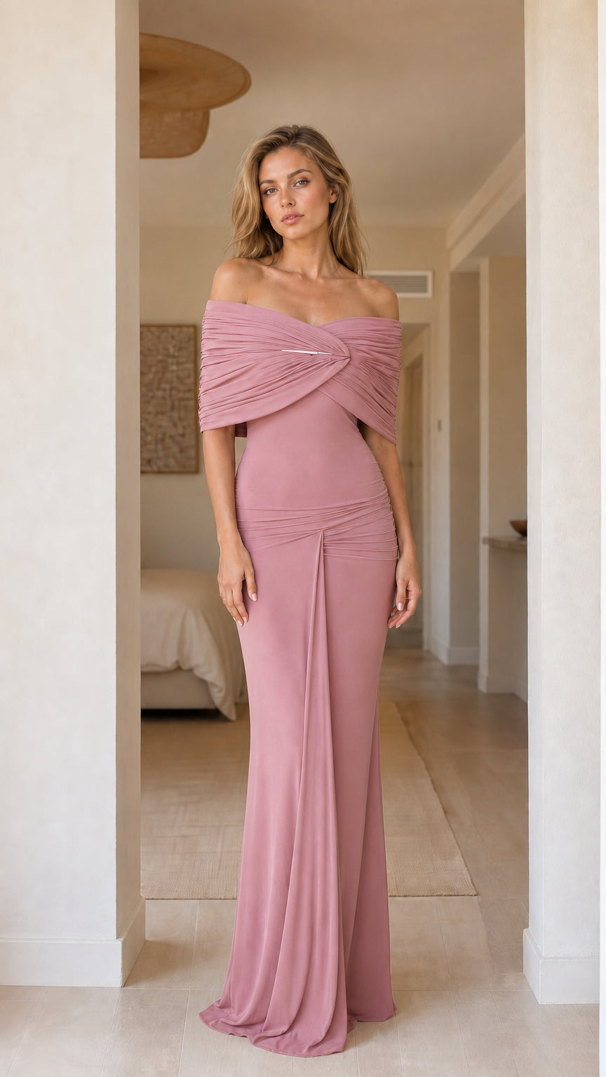 Front view of dusty rose evening gown variant