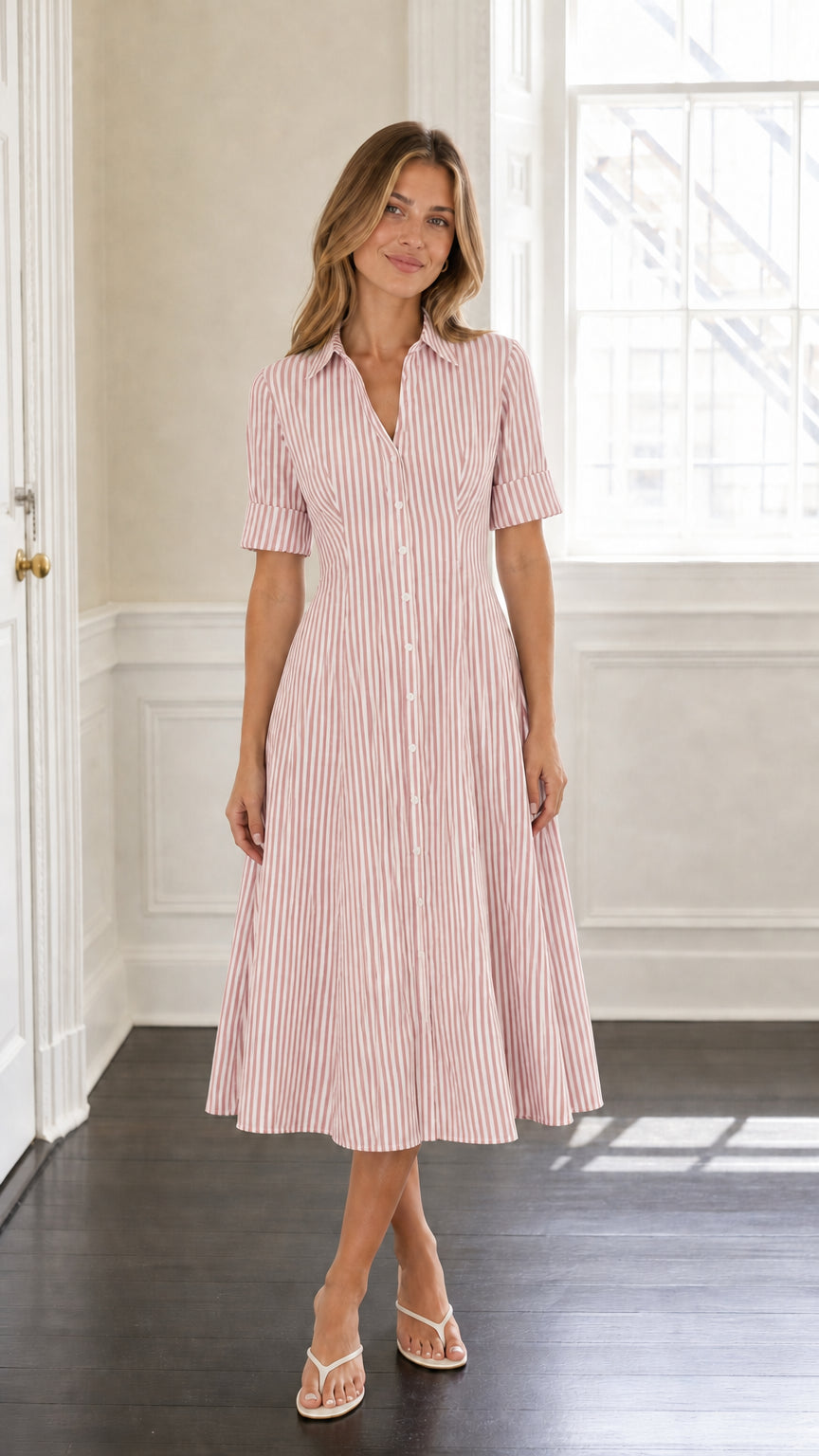 Model wearing pink striped midi shirt dress
