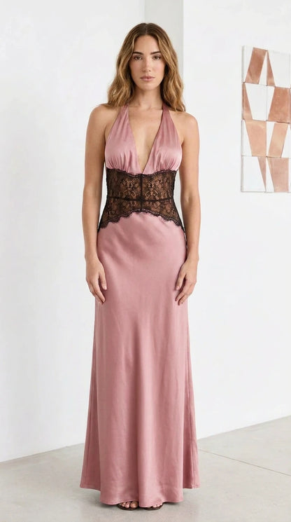 Front view of pink satin halter maxi dress