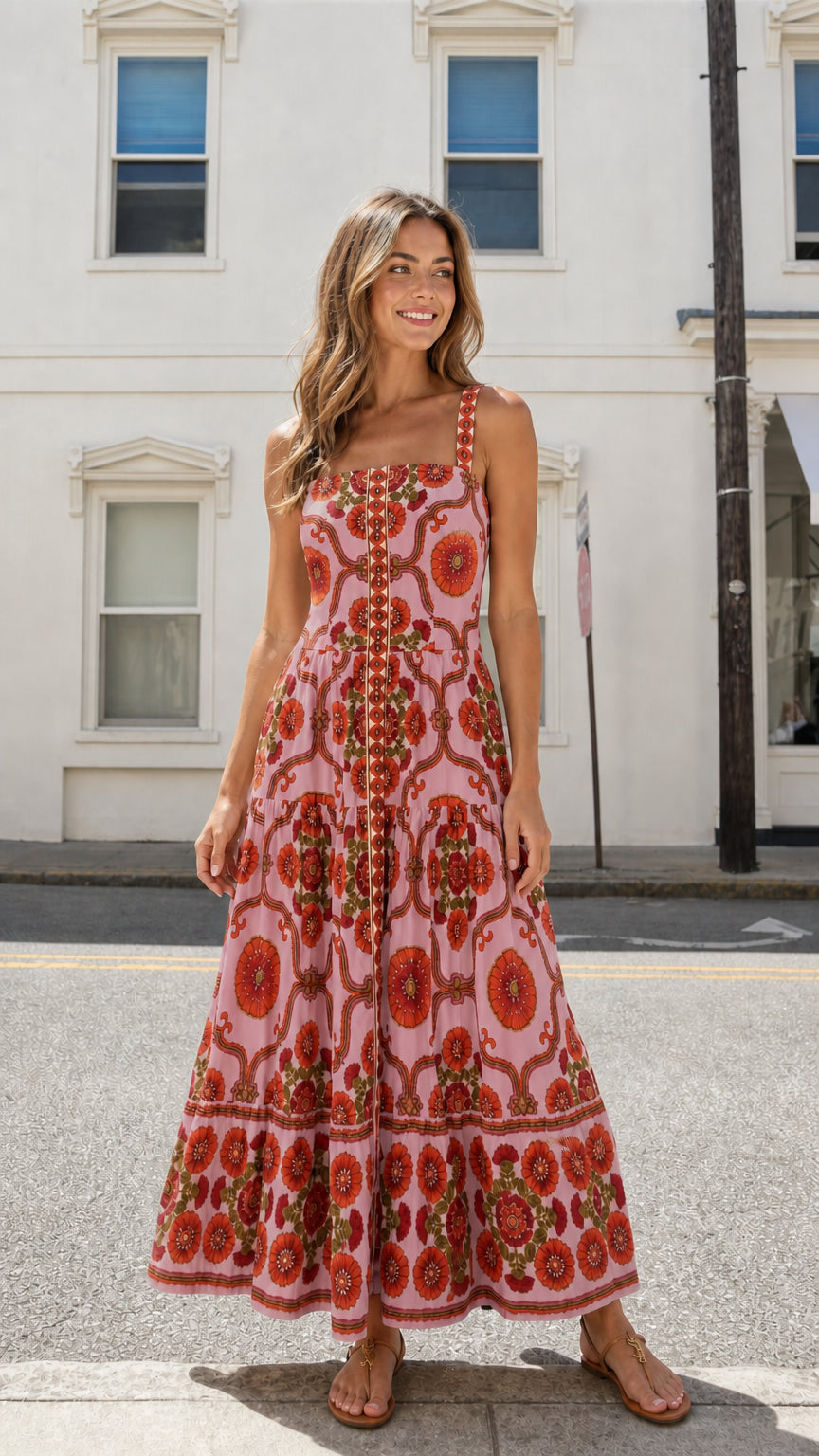 Model wearing pink colorway of the floral tiered maxi dress
