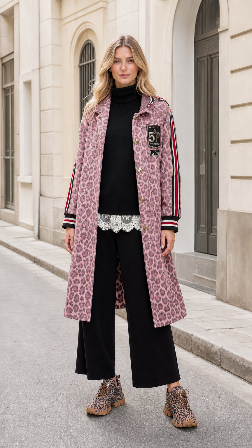 Model wearing Dusty Pink leopard print longline varsity coat