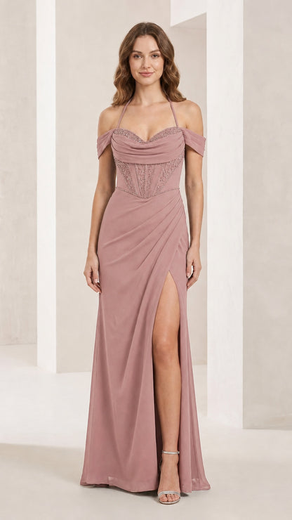 Front view of dusty rose evening gown