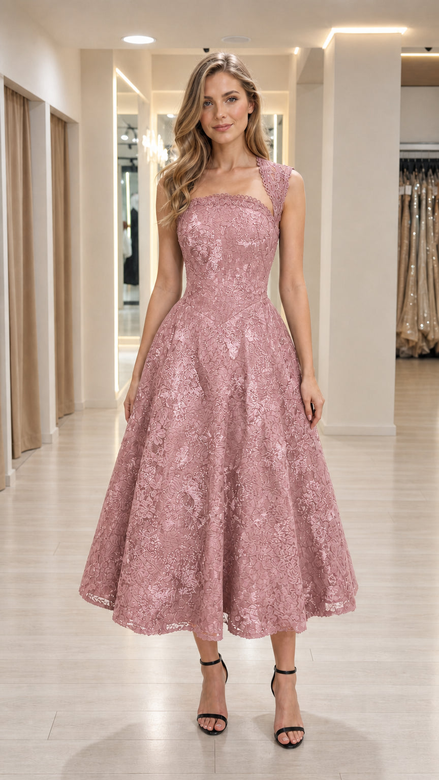 Front view of woman wearing dusty rose lace midi dress