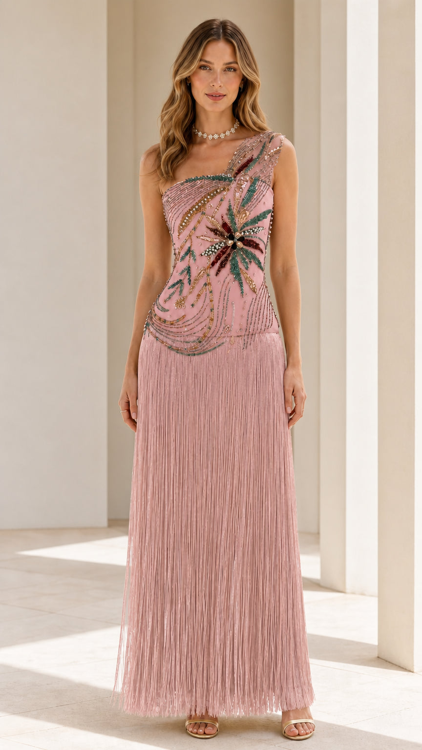 Front view of model wearing pink colorway evening dress