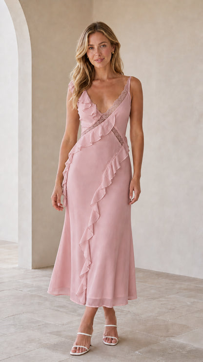 Model wearing pink ruffled lace-trim slip midi dress