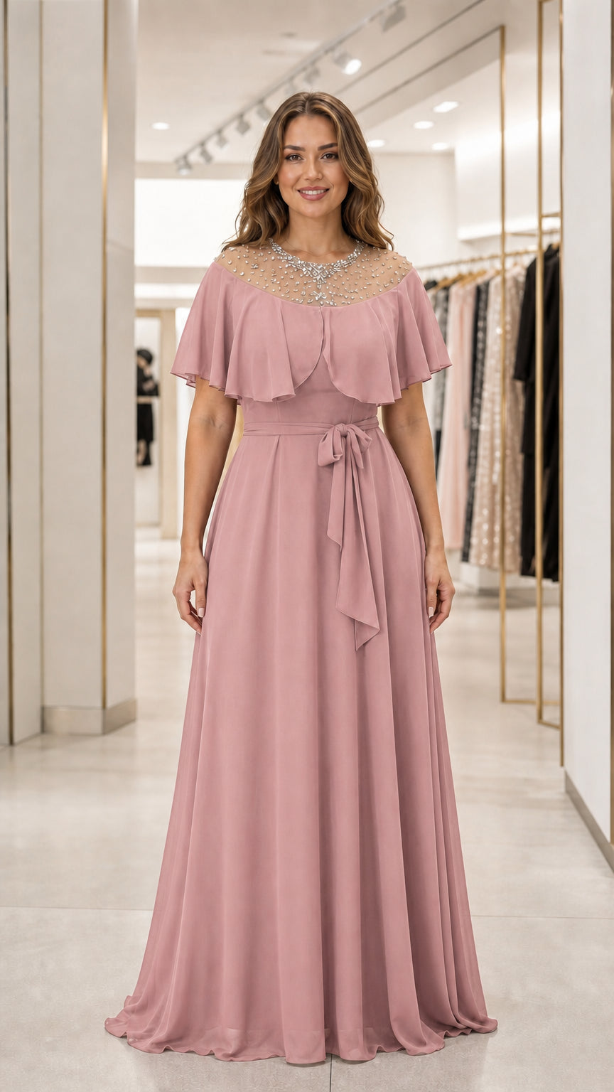 Front view of dusty rose evening dress