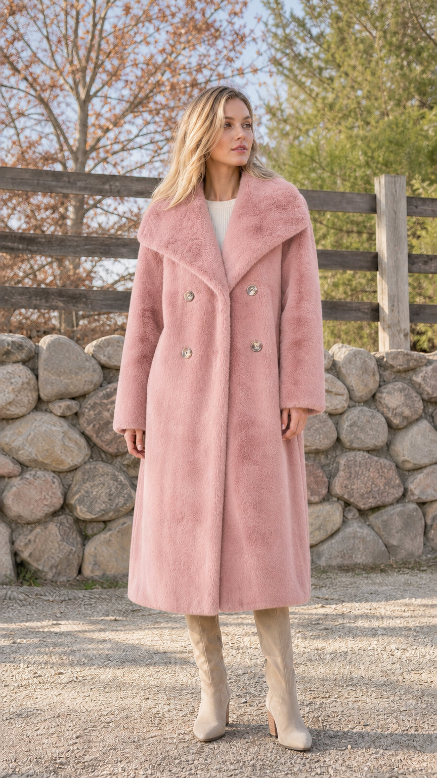 Woman wearing soft pink faux fur long coat
