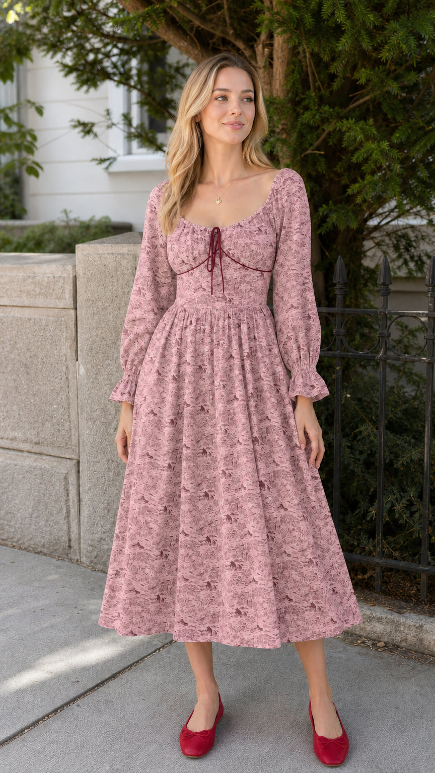 Model wearing pink vintage toile print midi dress