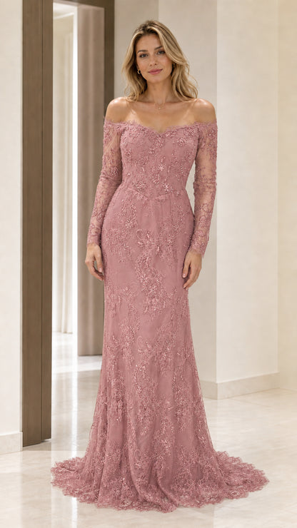 Front view of dusty rose evening gown