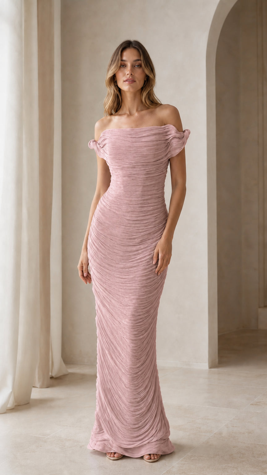 Model wearing dusty rose ruched maxi dress