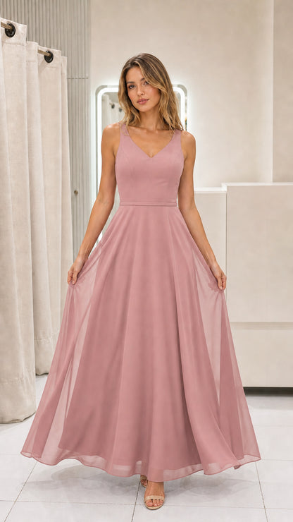 Model wearing dusty rose chiffon maxi dress