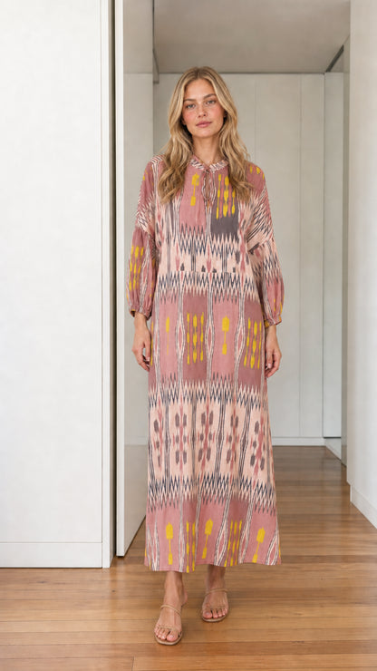 Front view of pink printed maxi dress variant