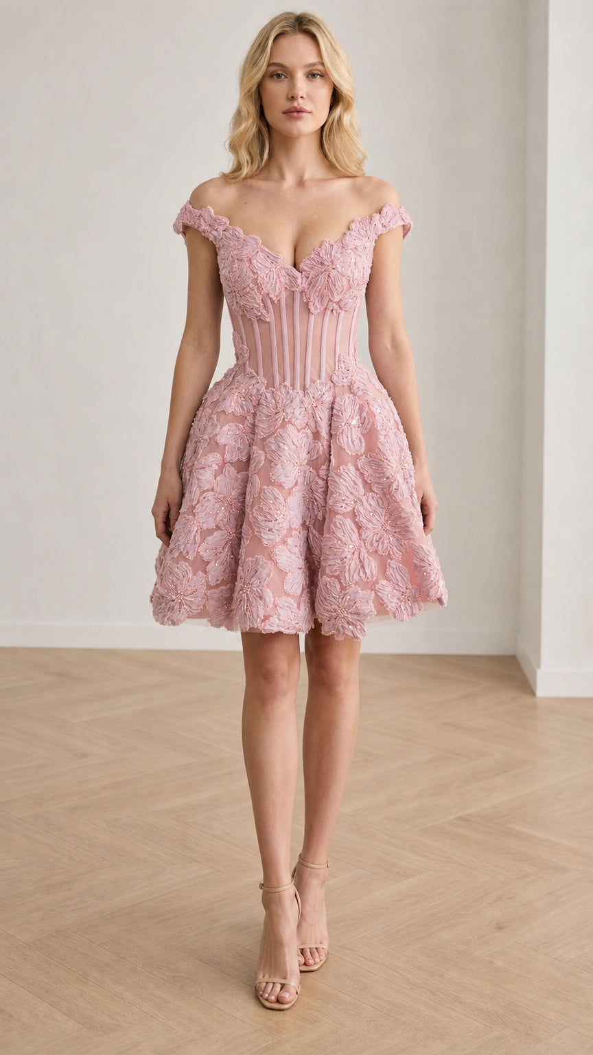 Front view of Pink off-the-shoulder floral corset mini dress