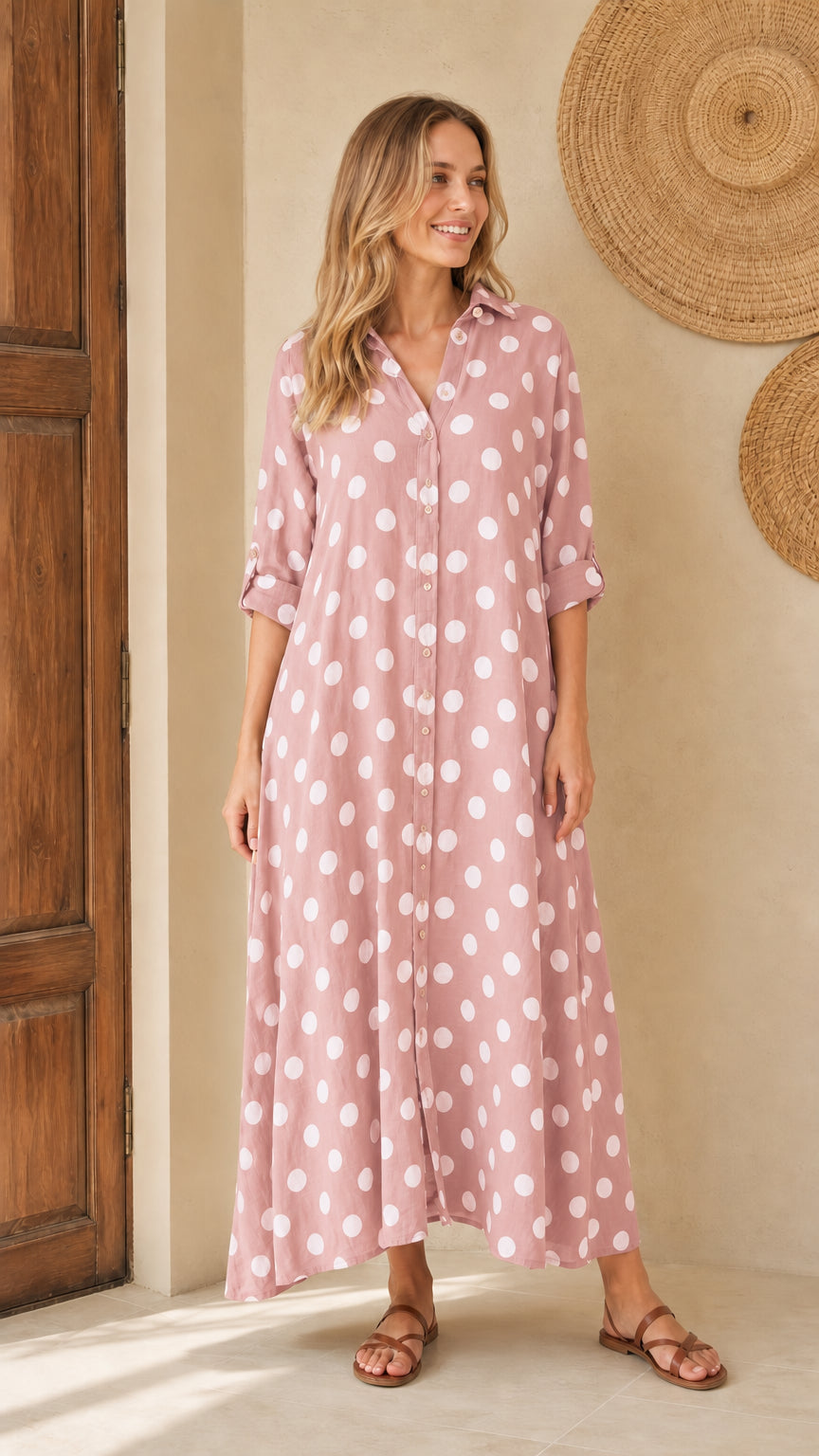 Front view of woman wearing pink polka dot maxi shirt dress