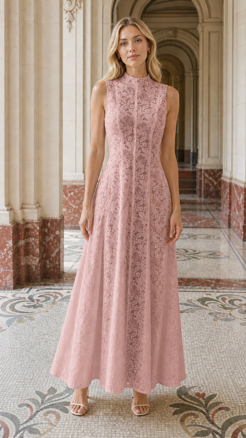 Full length view of woman wearing pink lace maxi dress