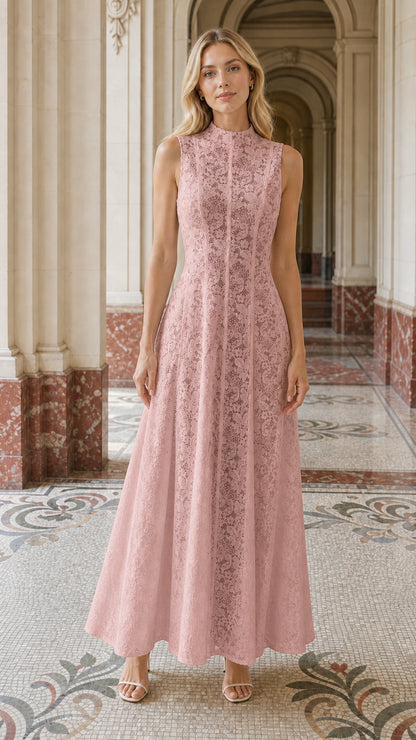 Full length view of woman wearing pink lace maxi dress