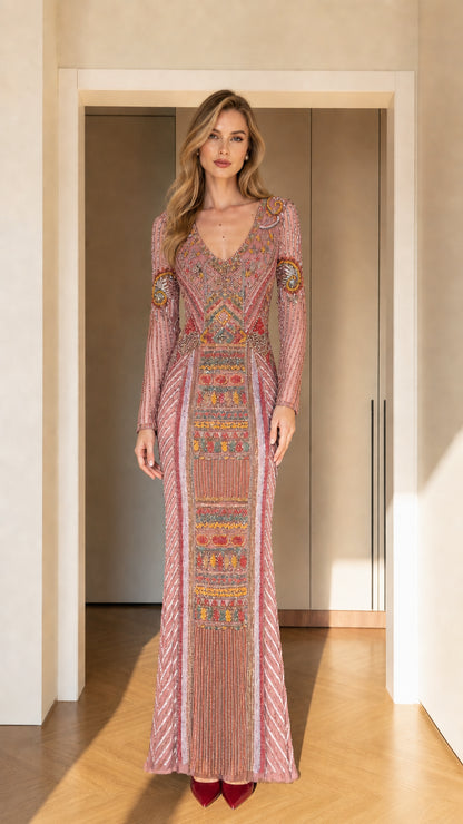 Dusty rose long-sleeve beaded maxi formal gown