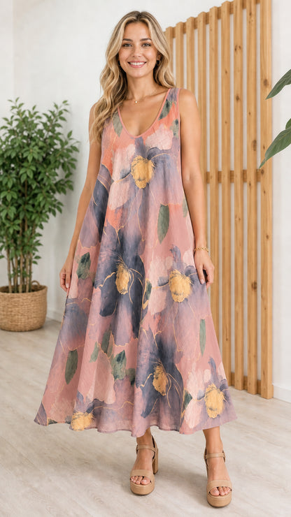 Woman wearing pink variant of the floral maxi dress