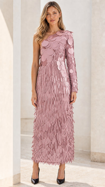 Front view of dusty pink one-shoulder sequin fringe maxi dress