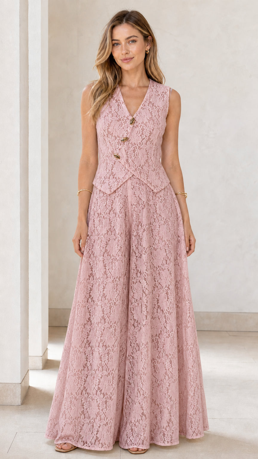 Model wearing pink lace vest and wide leg jumpsuit