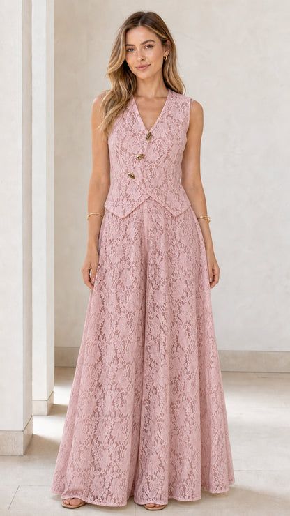 Model wearing pink lace vest and wide leg jumpsuit