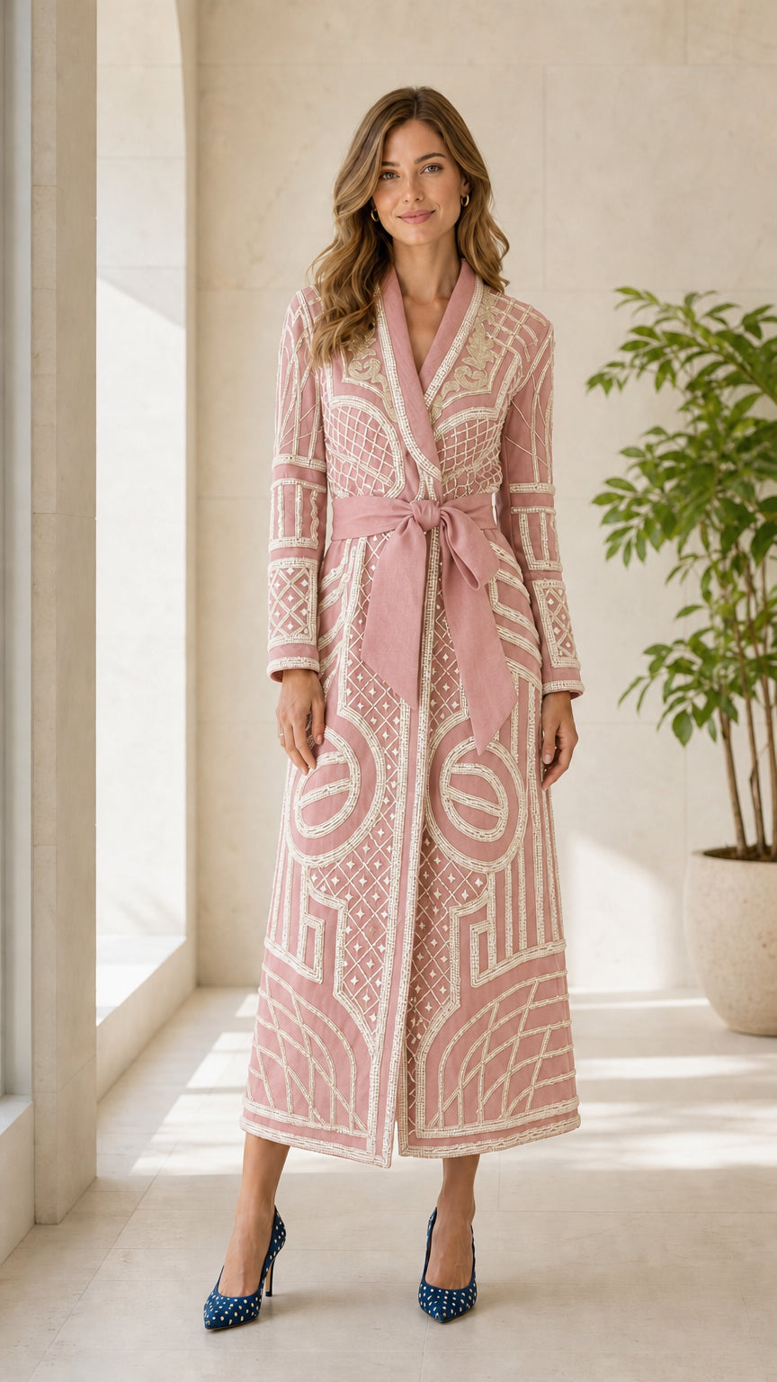 Front view of pink geometric embroidered long coat