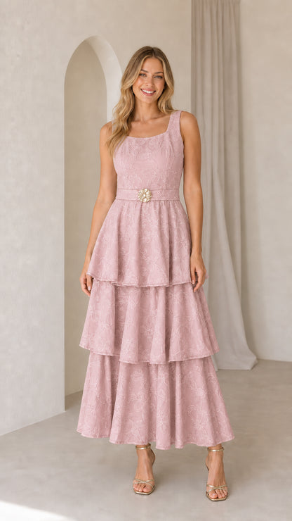 Dusty pink sleeveless embroidered tiered maxi dress