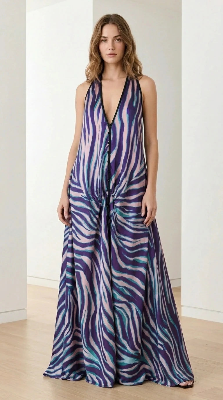 Woman wearing purple and blue zebra print halter maxi dress