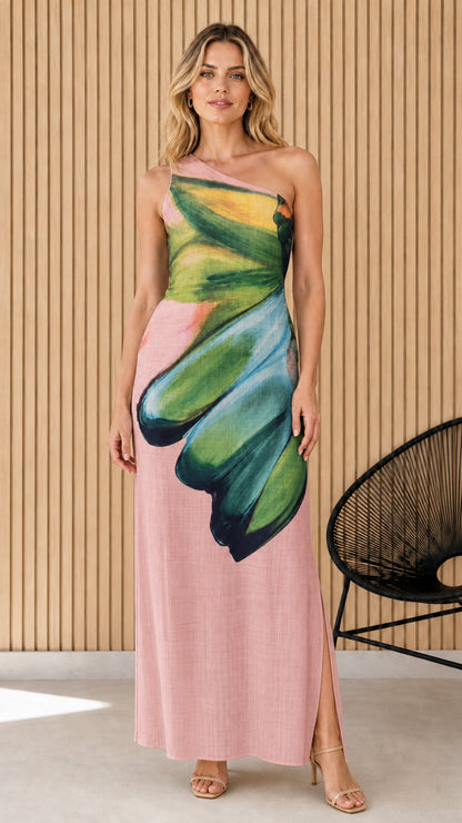Front view of one-shoulder maxi dress in pink