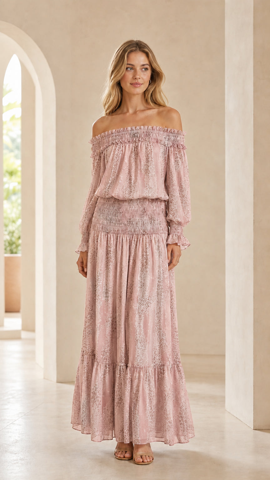 Full-length view of woman wearing Dusty Pink printed off-the-shoulder smocked maxi dress