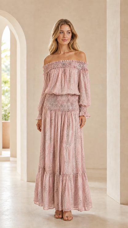 Full-length view of woman wearing Dusty Pink printed off-the-shoulder smocked maxi dress