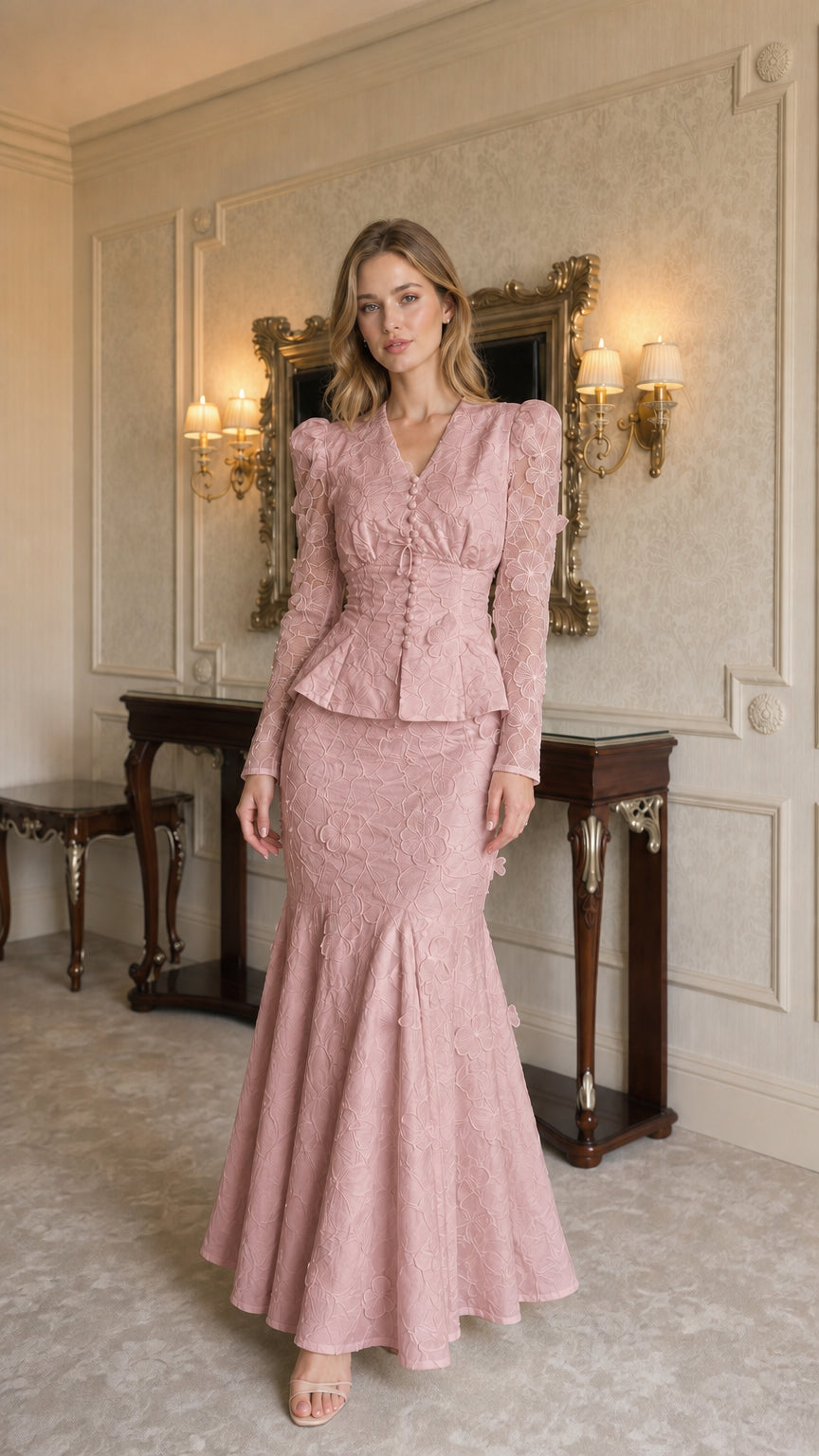 Model wearing dusty pink lace two-piece set, front view