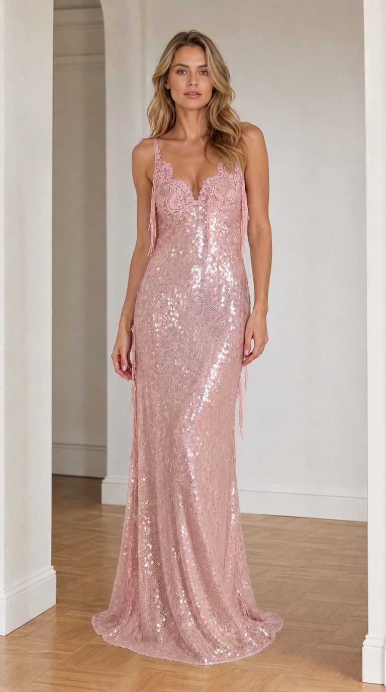 Front view of pink sequin evening dress