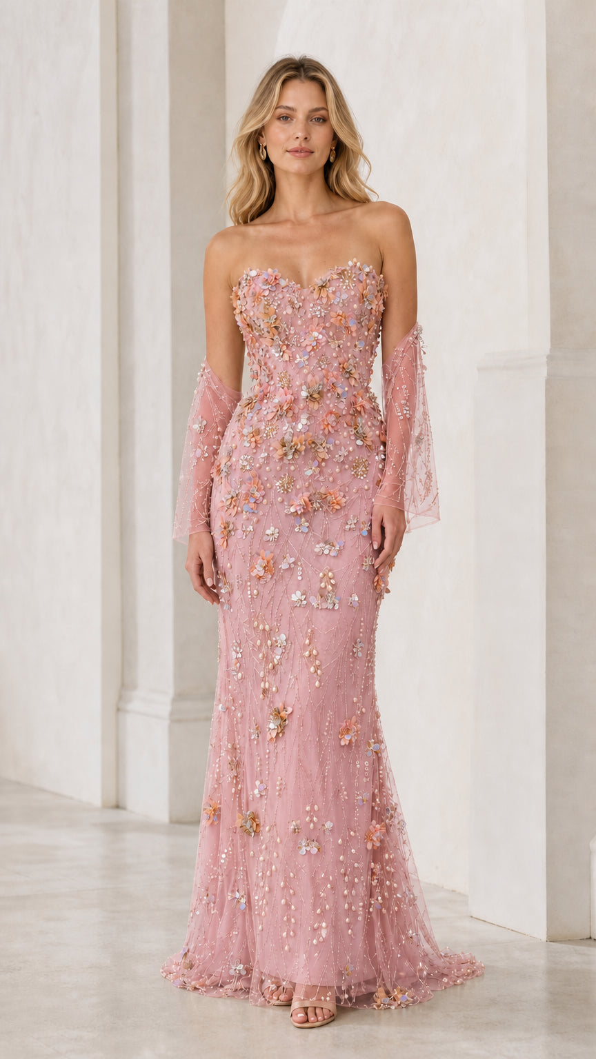 Front view of pink evening dress with floral embellishments