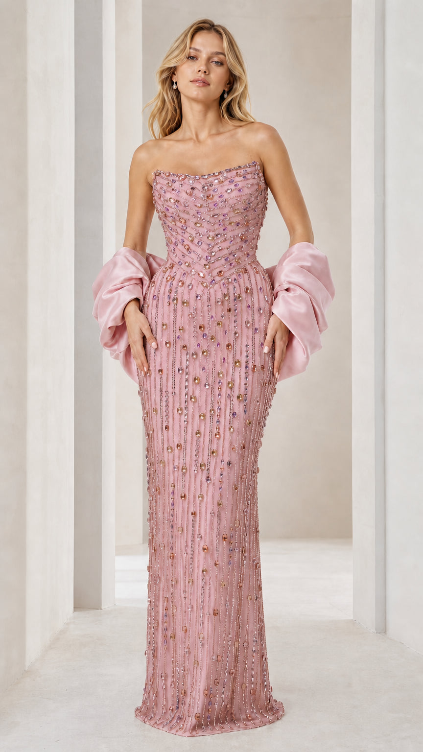Front view of pink beaded evening gown