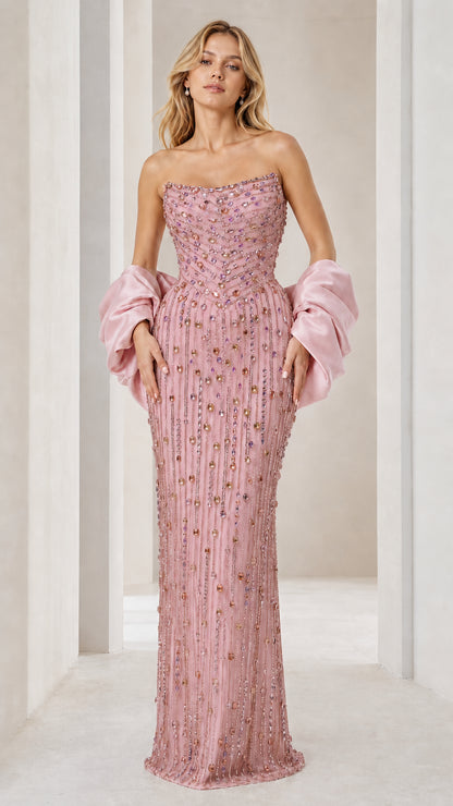 Front view of pink beaded evening gown