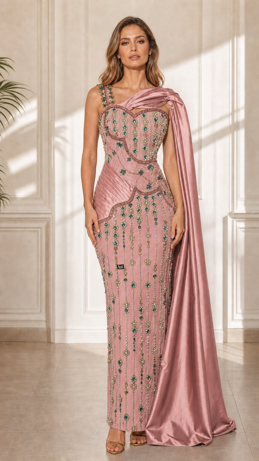 Front view of pink color variant with matching satin cape