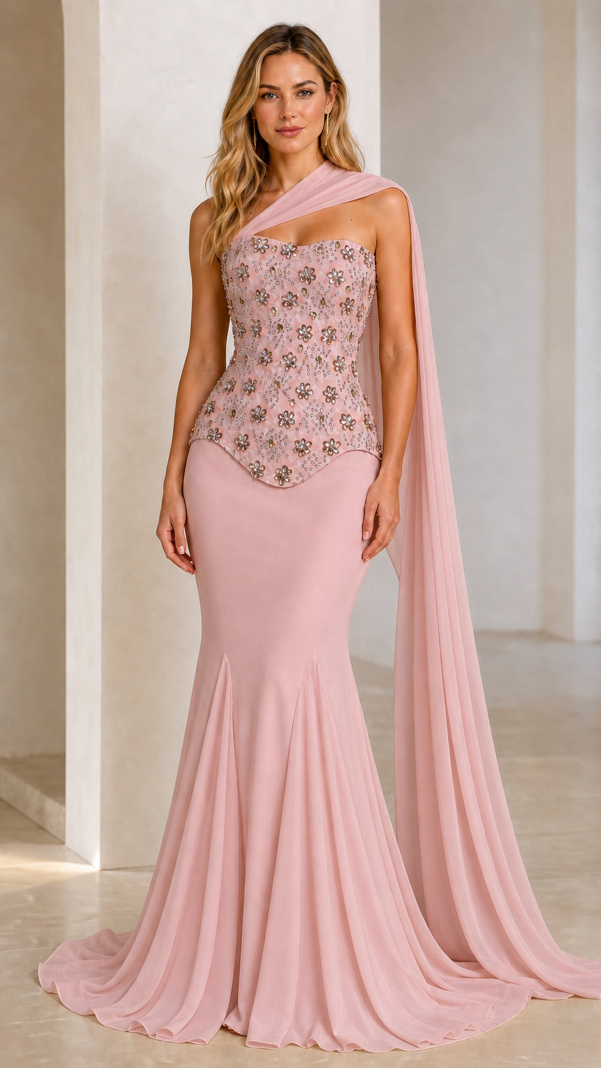 Front view of dusty pink beaded one-shoulder evening dress