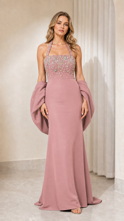 Front view of rose pink evening gown variant