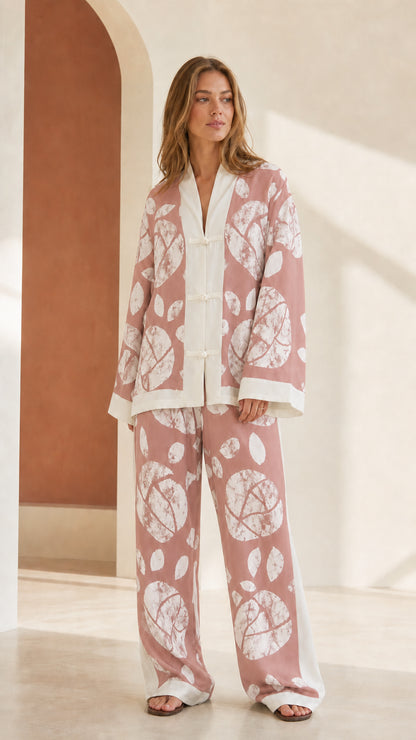 Woman wearing Dusty Pink printed lounge set