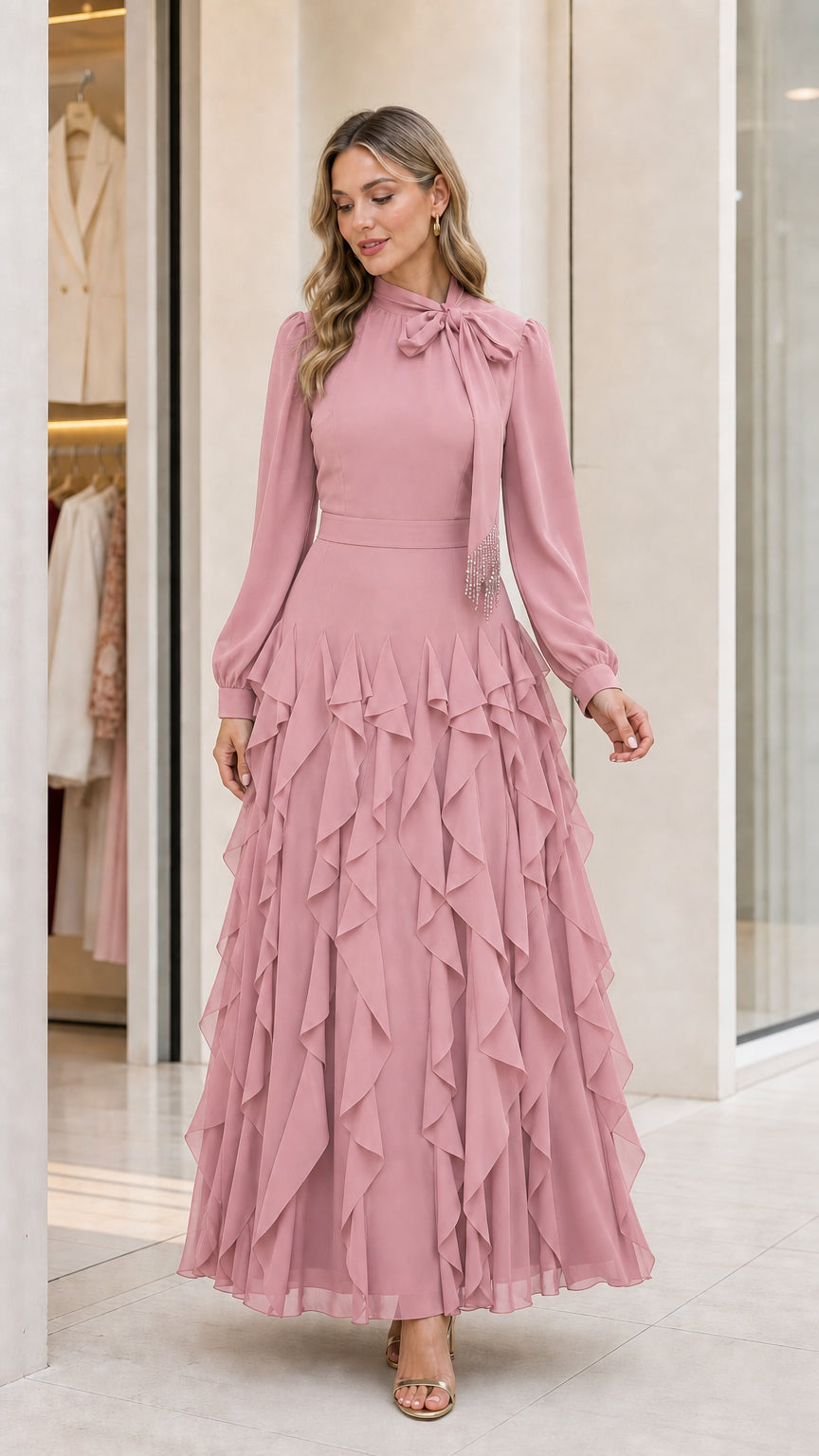 Front view of pink long sleeve ruffled maxi dress