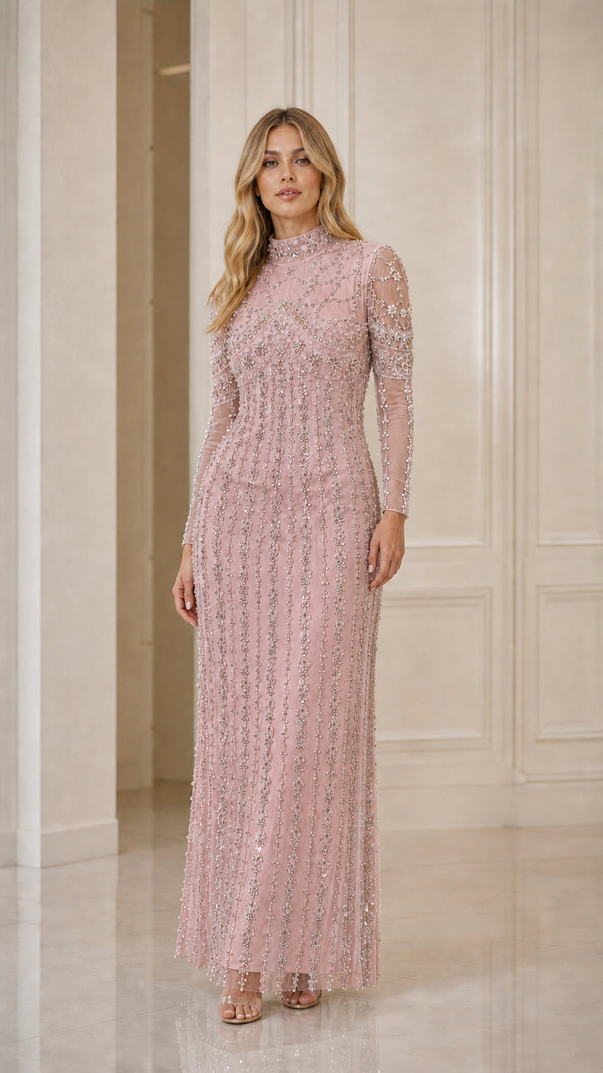 Blush pink embellished long sleeve formal maxi dress