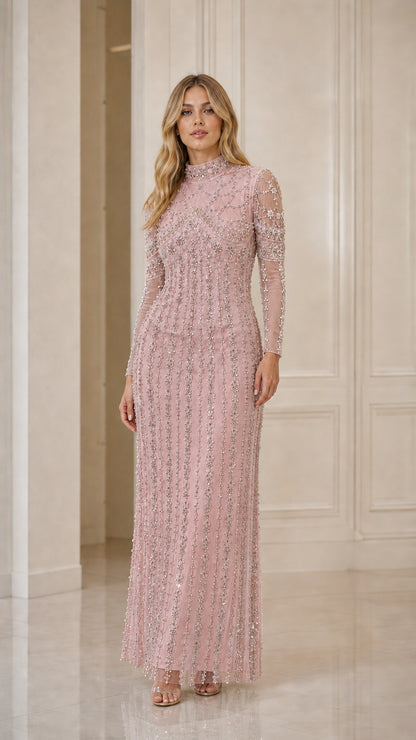 Blush pink embellished long sleeve formal maxi dress