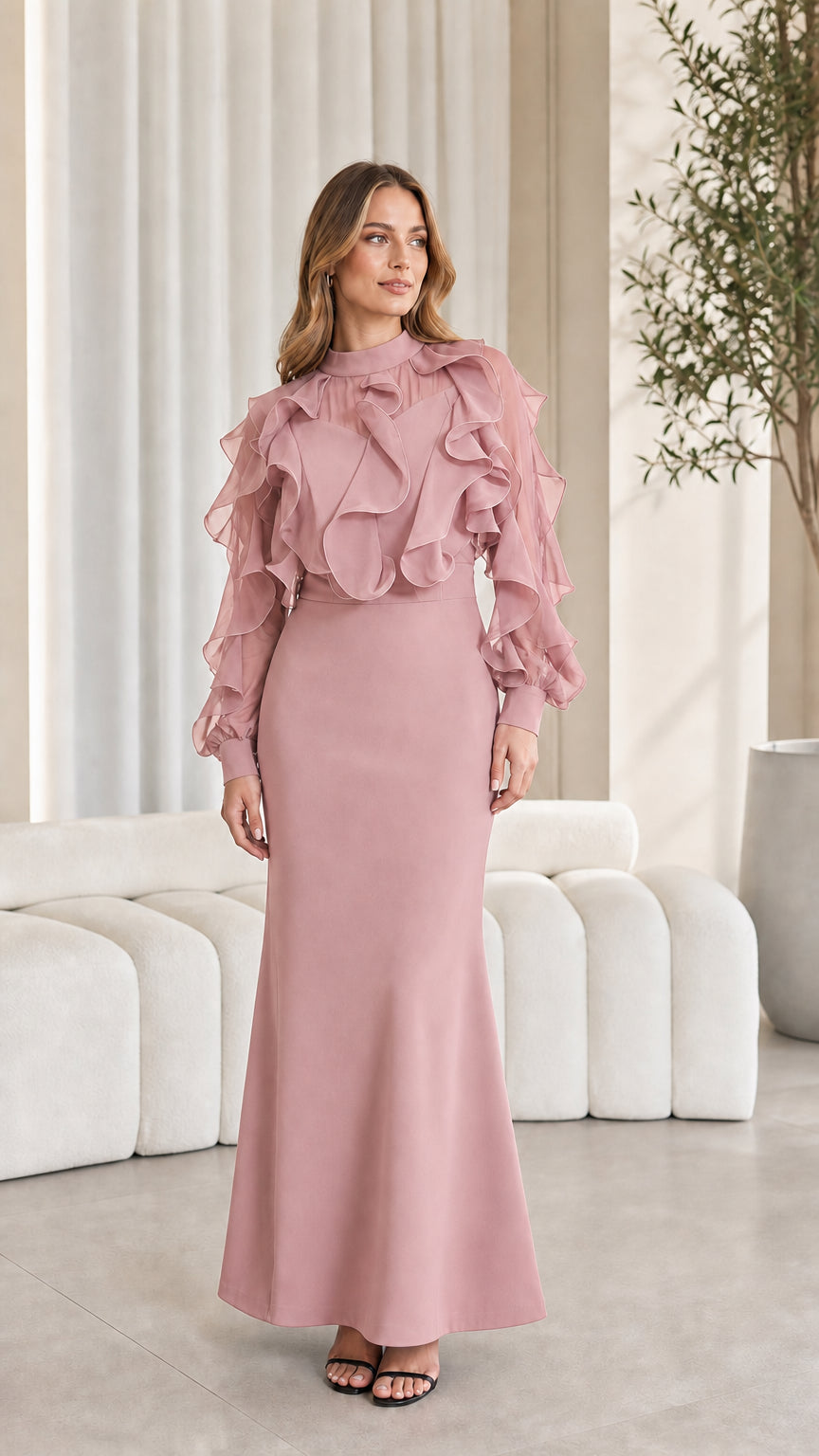 Full-length view of dusty rose ruffled evening maxi dress
