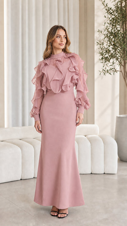Full-length view of dusty rose ruffled evening maxi dress