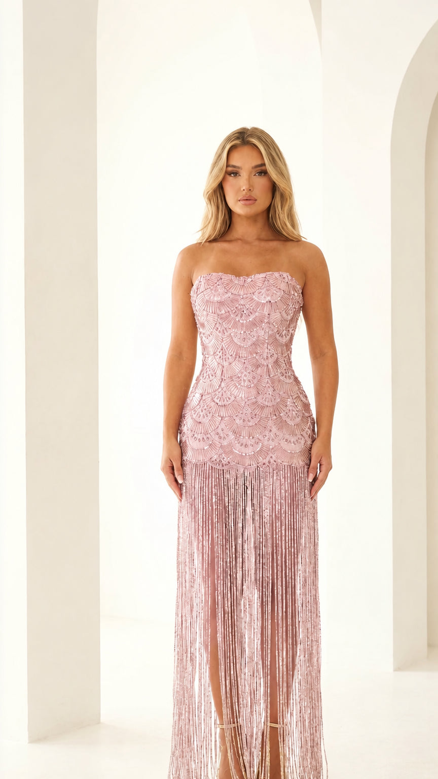 Front view of pink beaded fringe evening gown